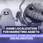 image for "Game Localization for Marketing Assets: Screenshots, Store Descriptions, and Ad Creatives" over a background featuring knitted video game characters.
